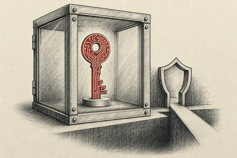 A glowing circuit patterned key in a guarded vault symbolizes controlled access to powerful cyber models.