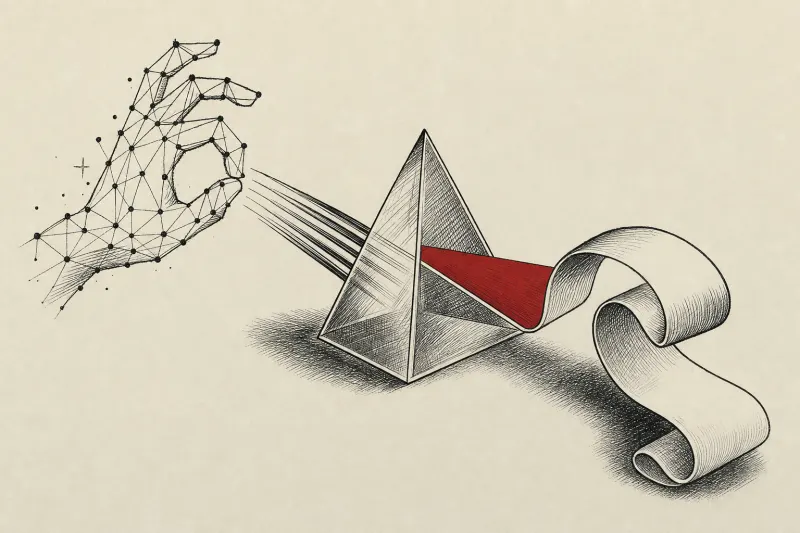 A geometric signing hand passes through a prism and becomes paper, symbolizing private sign-to-text translation.