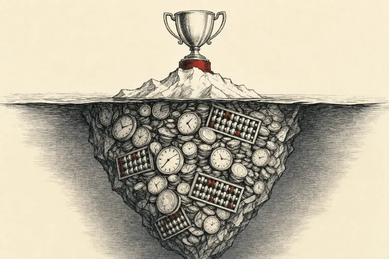 A benchmark trophy sits atop an iceberg whose hidden mass consists of clocks, coins and depleted token counters.