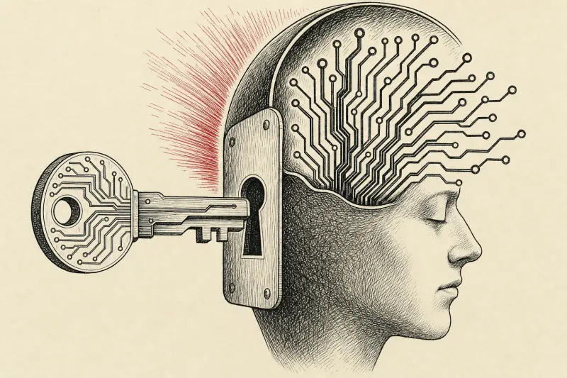 A circuit-shaped key unlocks a human head, symbolizing Reach Capital funding AI that expands human potential.