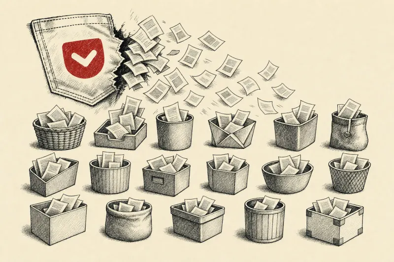 A torn pocket spills saved pages into many containers, symbolizing users moving to rival reading apps.