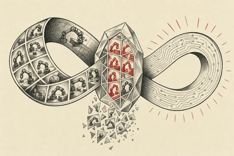 A film-and-circuit Möbius loop passes through a sieve, symbolizing continuous robot data reuse and deduplication.