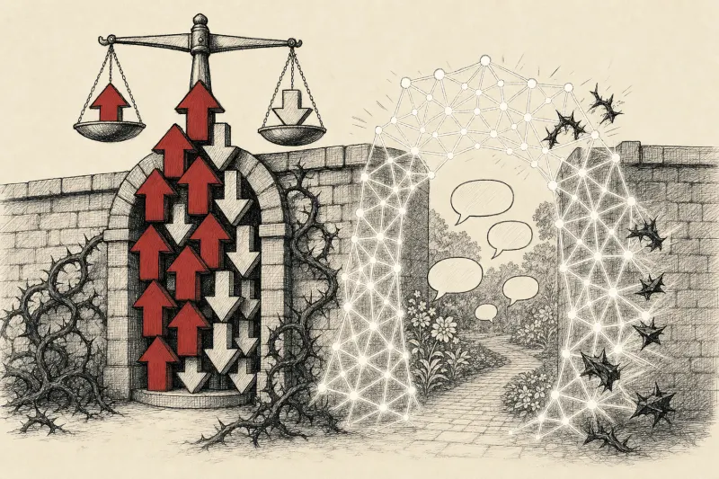 A neural-mesh gate replacing a voting-scale barrier at the entrance to a walled online community.
