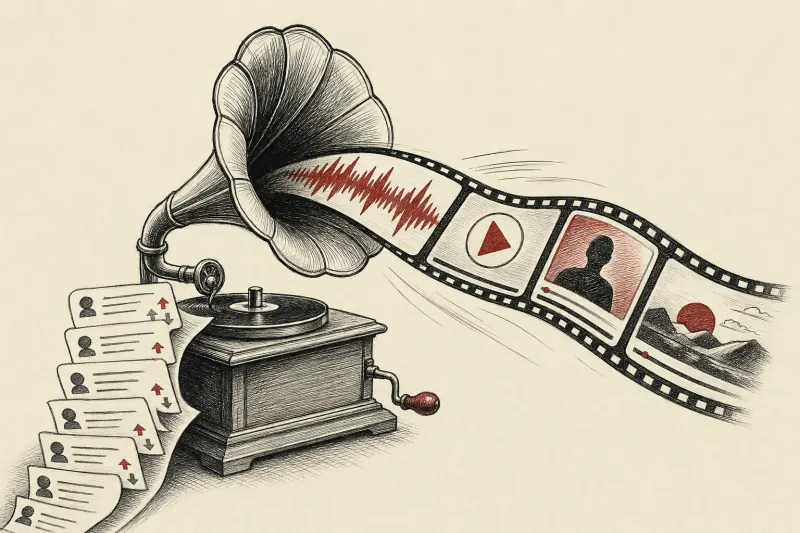 A paper conversation thread becomes sound and film, symbolizing Reddit turning written posts into audio and video.