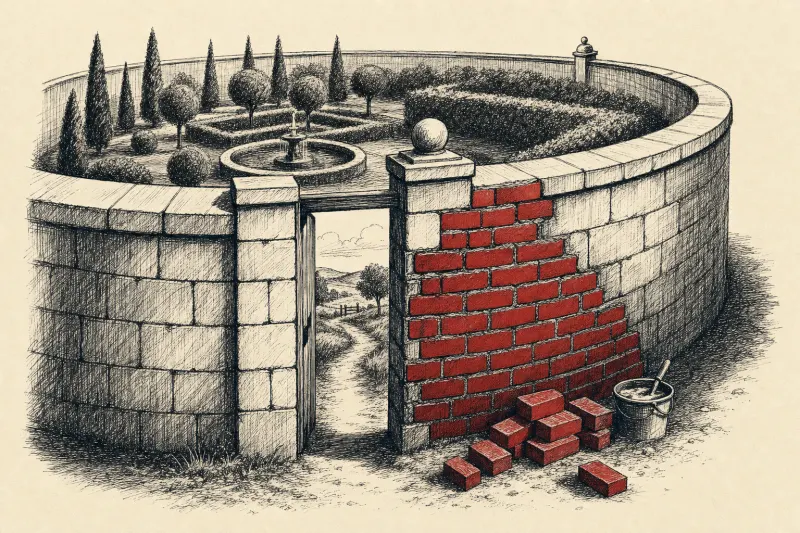 A walled garden being built over its last weathered side entrance, symbolizing Reddit’s tightening control over its legacy interface and outside access.