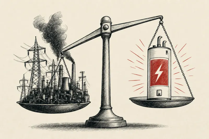 A water heater shaped as a battery balances an overloaded power grid, symbolizing flexible hot-water energy storage.