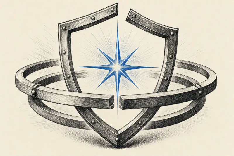 An unfinished shield closes around a bright star, symbolizing OpenAI's evolving Astra cybersecurity protections.