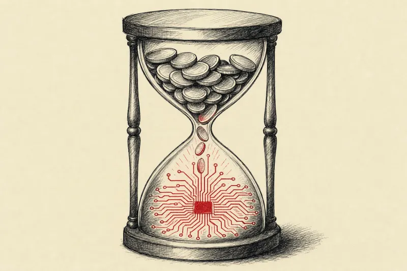 An hourglass turns coins into AI circuits, symbolizing the expiring TechCrunch Disrupt 2026 discount.
