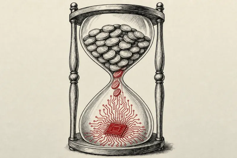 Coins fall through an hourglass and become circuitry, symbolizing an expiring discount for an AI focused conference.
