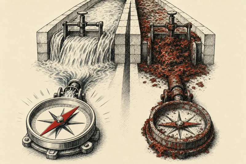 A clear river powers one compass while a rusted channel starves another, symbolizing trusted data for AI agents.
