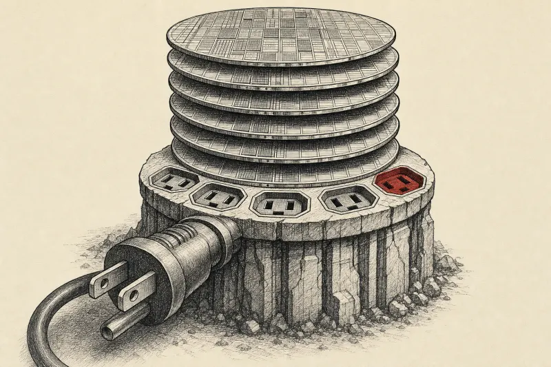 A giant power plug supports stacked silicon wafers, symbolizing infrastructure secured for expanding AI compute.