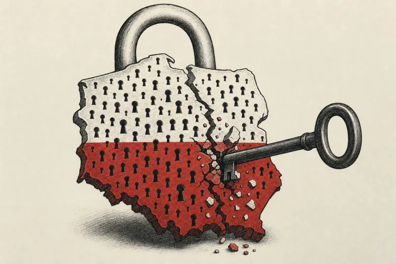 A Poland shaped padlock riddled with keyholes symbolizes widespread flaws in the country’s public websites.