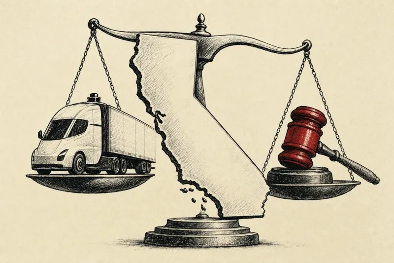 California forms a balance scale weighing an autonomous truck against a gavel, symbolizing testing and legal opposition.