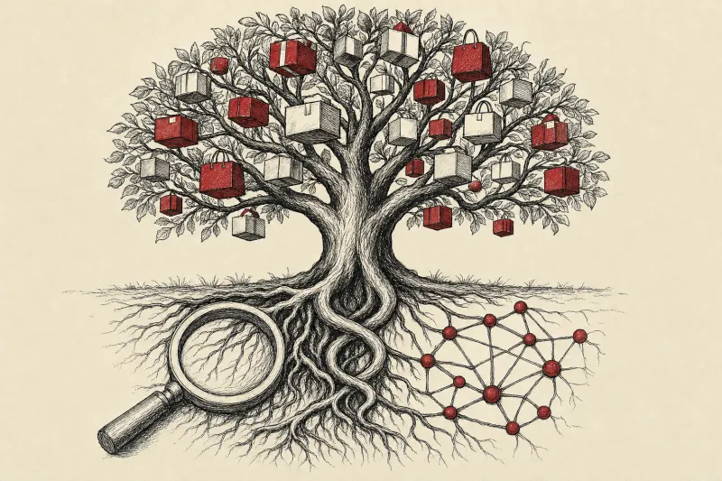 A commerce tree fed jointly by traditional search and AI roots, bearing a diverse canopy of parcel-like fruit.