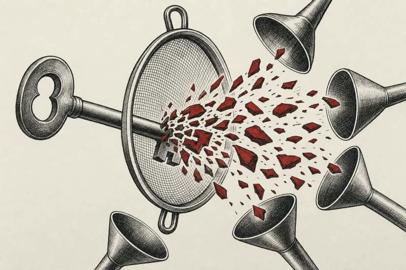 A brass key fragments through a sieve into many funnels, symbolizing passwords leaking through advertising trackers.