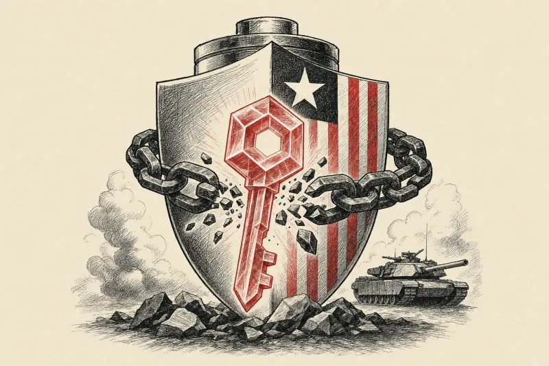 A silicon crystal key breaks a graphite chain around a battery shield, symbolizing Sila’s push for U.S. supply independence.