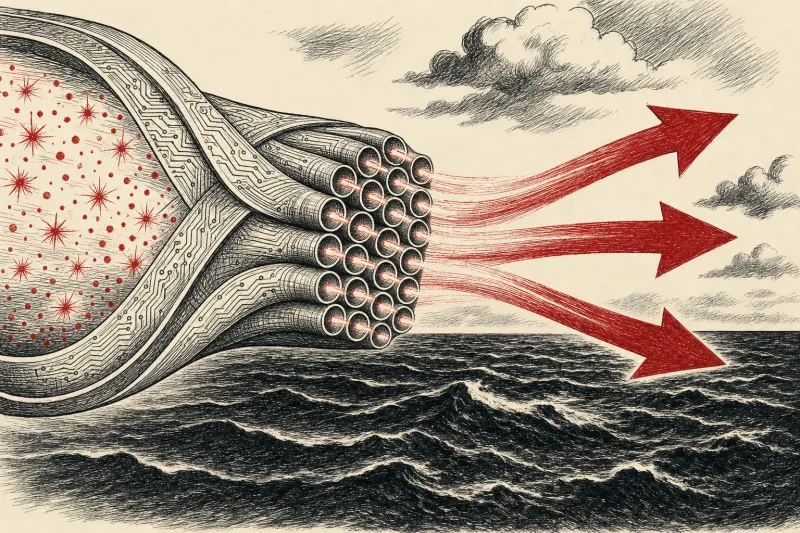 A circuit-woven silk ribbon funnels hundreds of sparks into three arrows, symbolizing the startup selection.