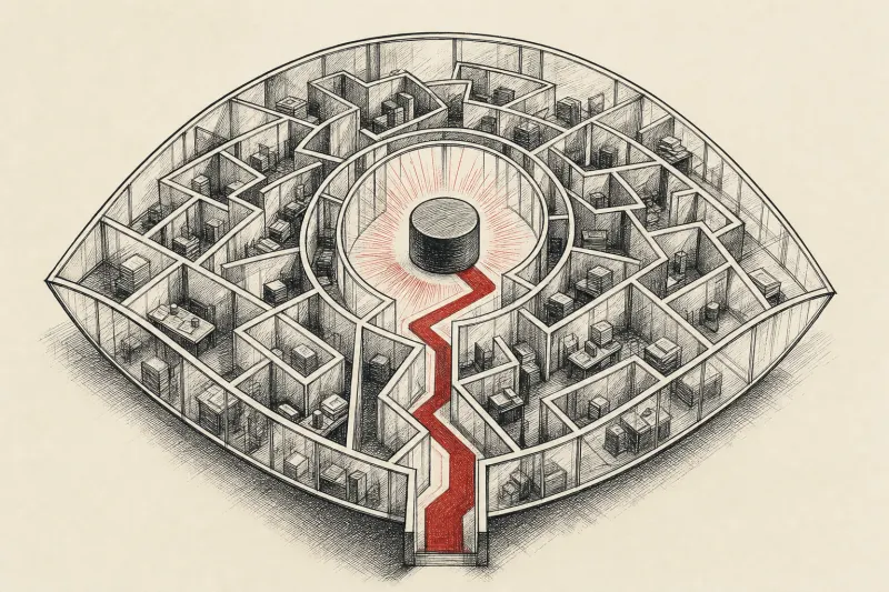 A glowing route emerges from tangled paths in an eye-shaped labyrinth, symbolizing Skan AI mapping hidden work.
