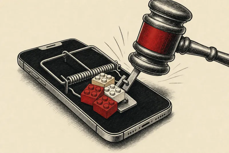 A smartphone mousetrap baited with toy blocks is triggered by a gavel, symbolizing youth addiction lawsuits.