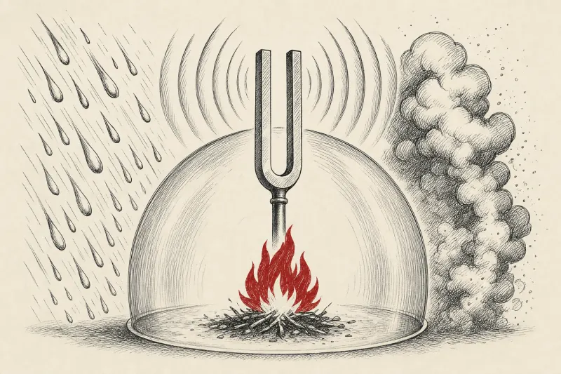A tuning fork shapes sound waves into a shield around a flame, symbolizing acoustic fire suppression.