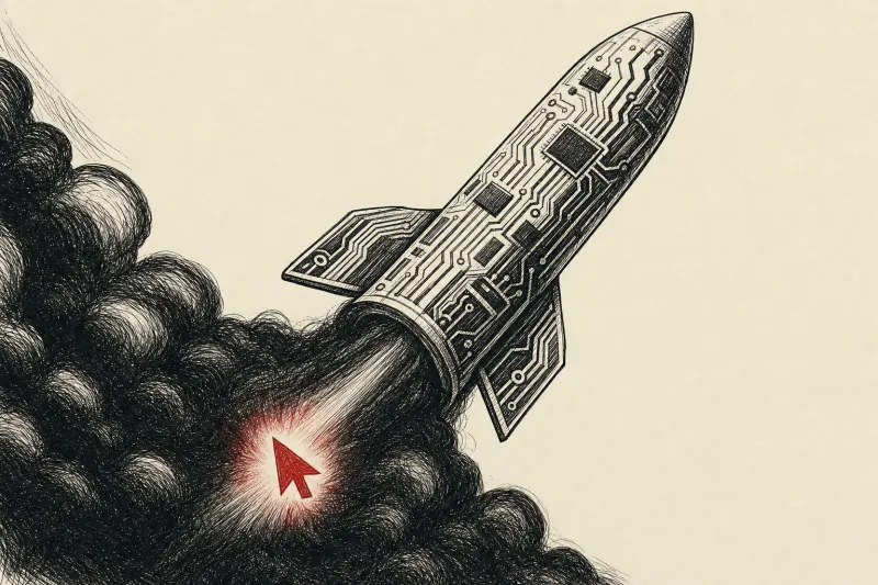 A vast rocket shaped circuit engulfs a glowing cursor as dark exhaust evokes the data center pollution dispute.