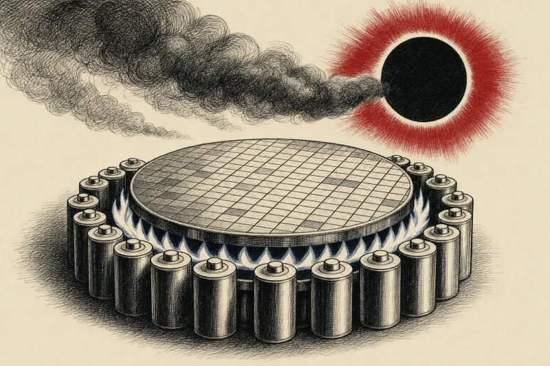 A silicon wafer burns like a gas flame while batteries surround it and smoke obscures the sun.