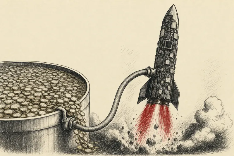 A microchip rocket drains a reservoir of gold, symbolizing SpaceX’s costly AI expansion.