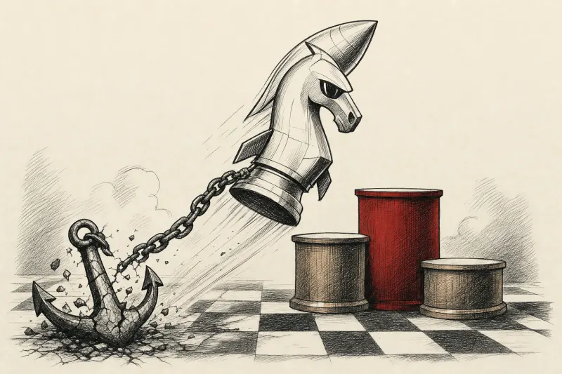 A rocket-shaped chess knight reaches a bronze podium while dragging an anchor, symbolizing gains and reputational risk.