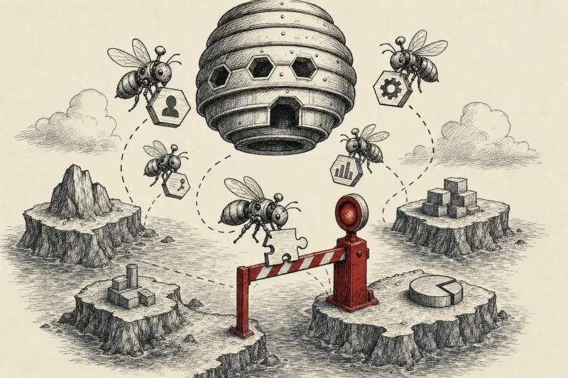 Mechanical bees carry workflow pieces between software islands, symbolizing coordinated Grok Bot agents.