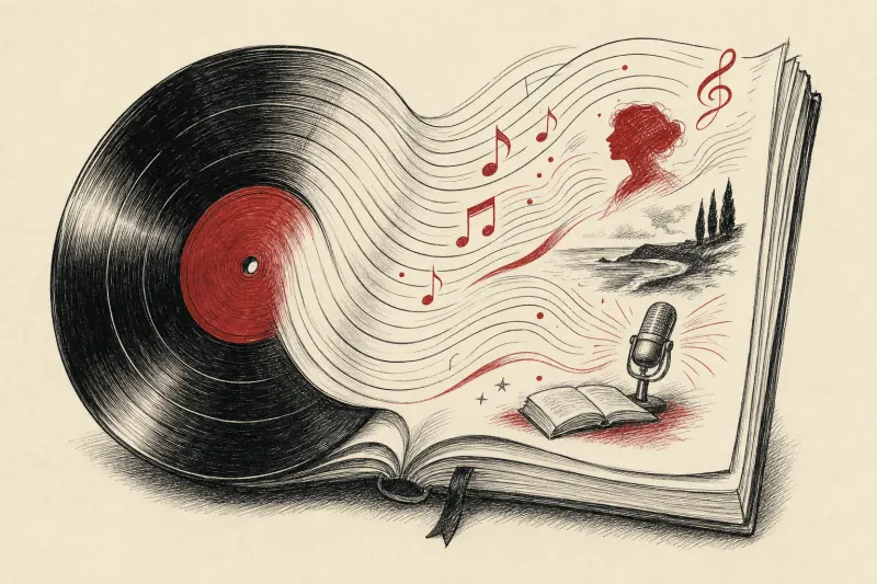 A vinyl record unfolds into a diary, symbolizing Spotify playlists gaining personal and editorial context.