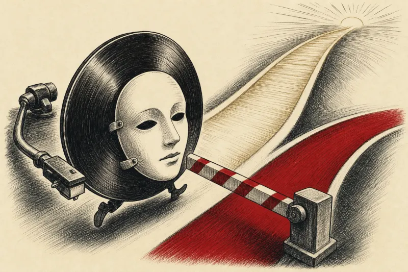A masked vinyl record is diverted from a golden groove, symbolizing Spotify restricting AI Persona recommendations.