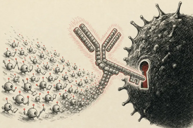 Thousands of luminous agents merge into an antibody-shaped key unlocking a cancer cell, symbolizing collaborative AI drug design.