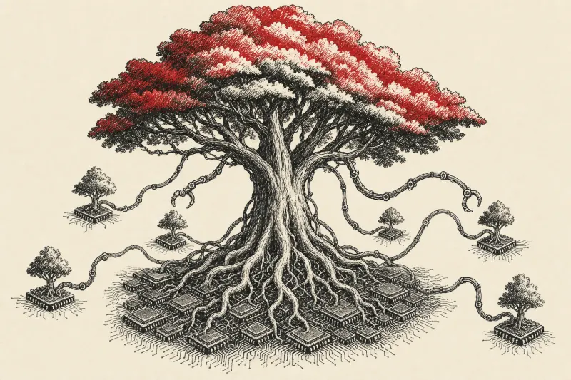 A vast tree with chip-shaped roots and robotic vines represents the expanding open model ecosystem.
