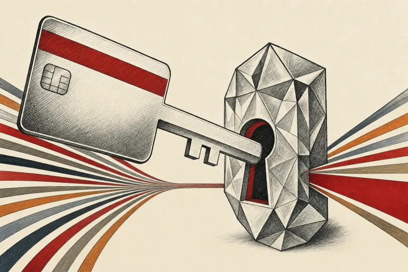A payment card key turns a prism lock, symbolizing Stripe’s reported purchase of OpenRouter’s AI gateway.