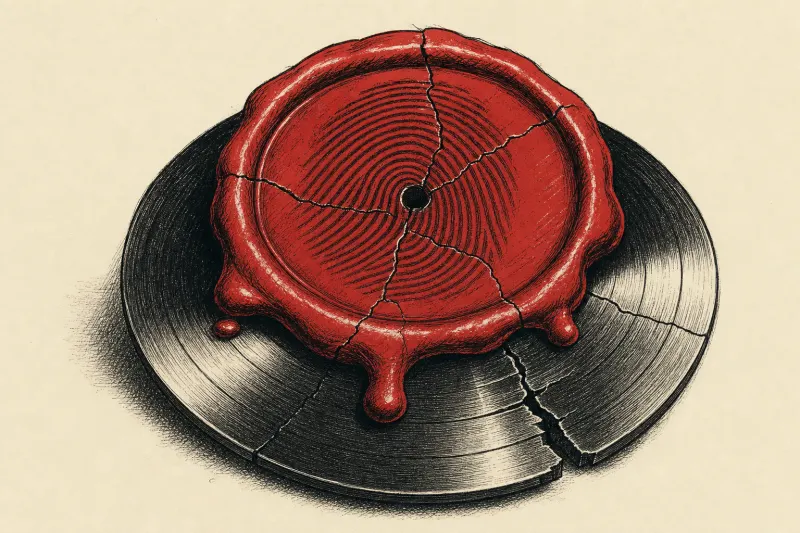 A vinyl record depicted as a fragile fingerprinted seal, symbolizing watermarking and scrutiny of AI-generated music.