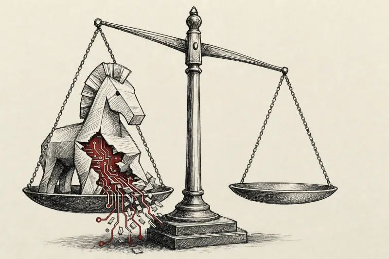 A paper Trojan horse on scales of justice reveals hidden circuitry, symbolizing concealed AI prompts in court filings.