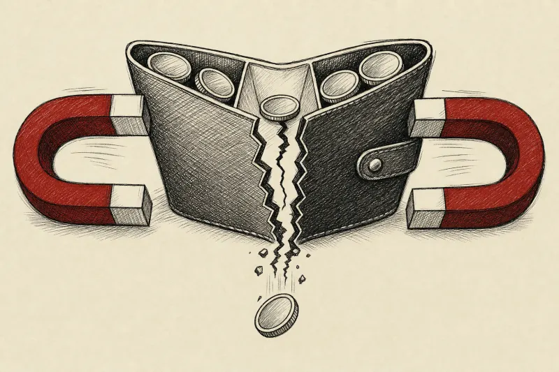 A three-part digital wallet is pulled by two magnets while one of five coins falls through a crack.