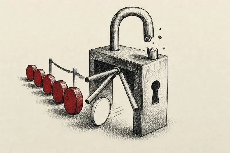 A cracked padlock shaped like a gym turnstile lets one queue token slip ahead, symbolizing an AI agent cutting the line.