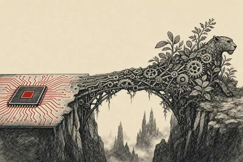 A circuit board becomes a bridge into a mechanical ecosystem, symbolizing AI’s move into machines, industry and engineered biology.
