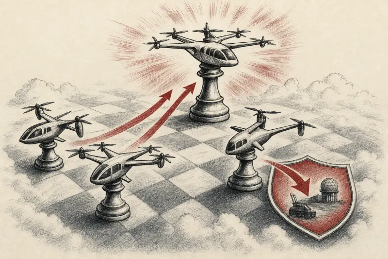Aircraft-shaped chess pieces merge and pivot toward a shield, symbolizing eVTOL consolidation and defense expansion.