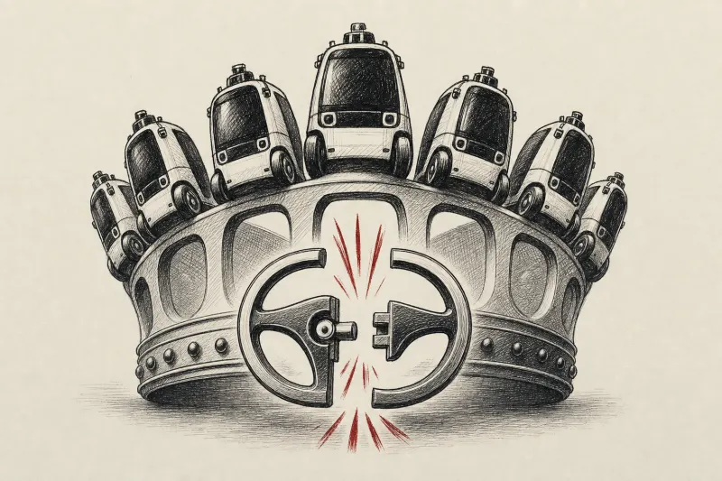 A crown of driverless cars opens at a steering wheel clasp, symbolizing regulatory approval and Uber’s AV expansion.