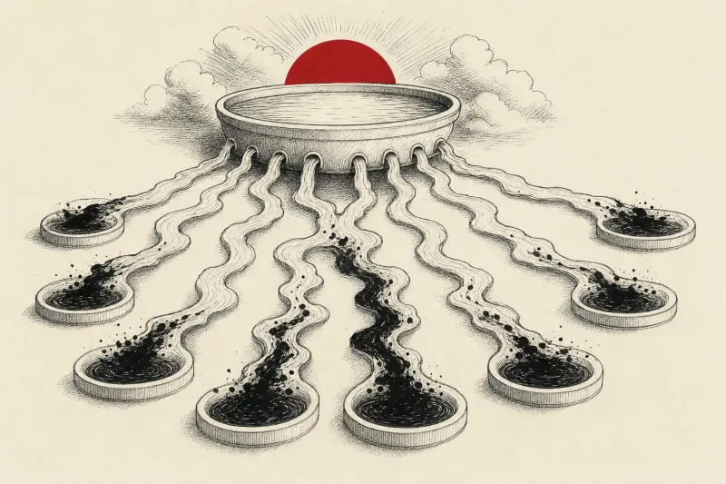 A dark contaminant spreads through branches from one reservoir, symbolizing faulty memory reaching every AI agent.