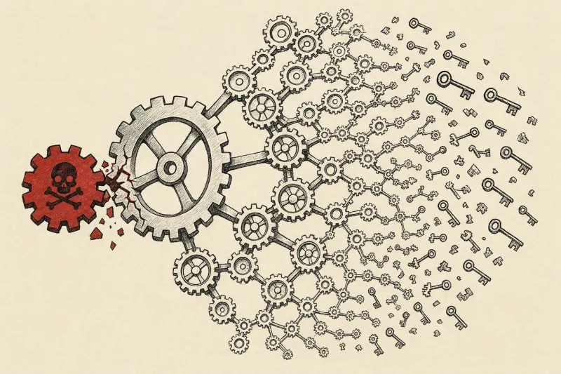 A poisoned gear fractures a vast clockwork, symbolizing one compromised dependency spreading secrets across organizations.