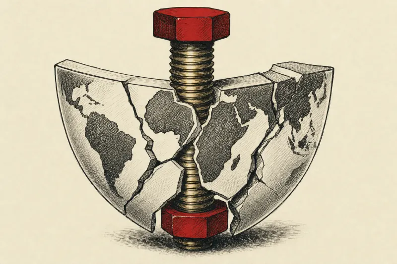 A golden bolt binds a fragmented southern hemisphere shield, symbolizing Terra’s push to unify defense supply.