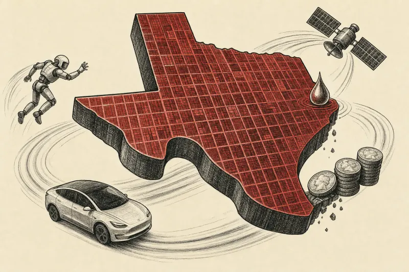 A Texas-shaped silicon planet pulls robots, vehicles and satellites into orbit as water and public money balance at its edge.