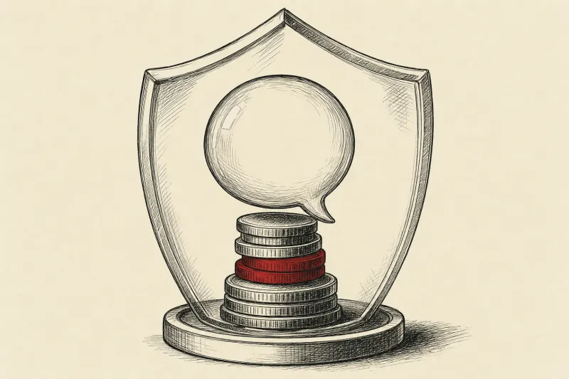 A glass speech bubble balanced on coins inside a shield, symbolizing ad-funded ChatGPT with promised safeguards.
