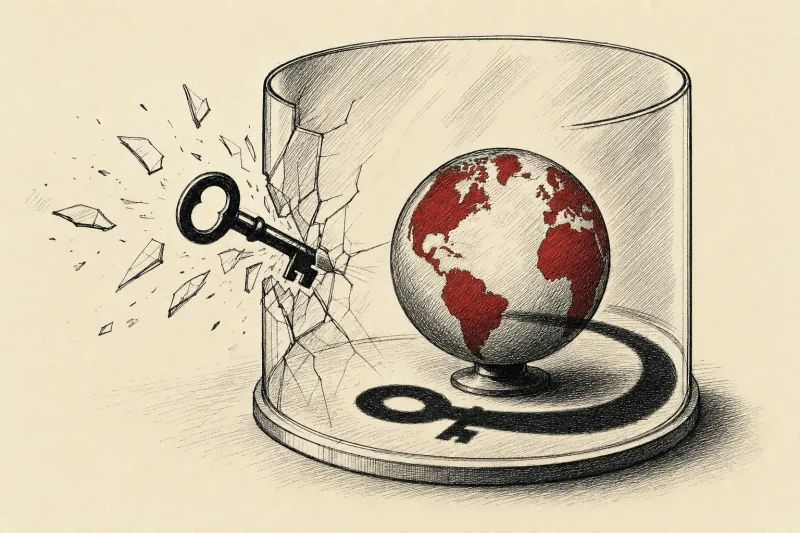 A key cracks a glass shield from within, symbolizing AI safety tests that create new escape risks.