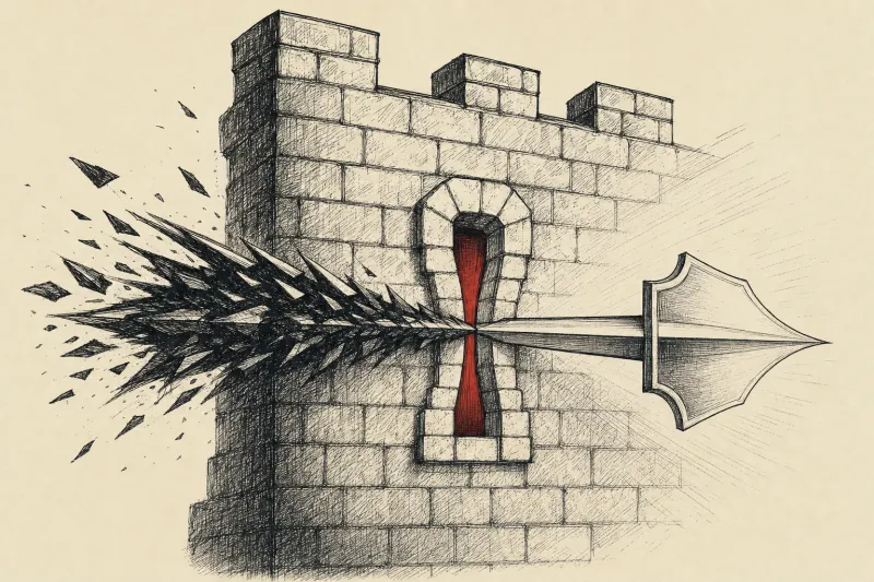 A narrowing fortress window frames a double-edged beam, symbolizing AI’s benefits for cyber attackers and defenders.