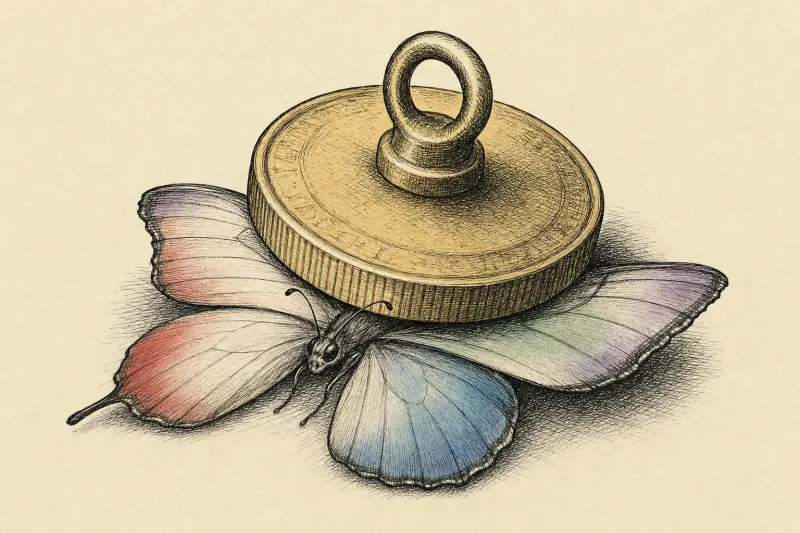 A softly colored paper butterfly pinned by a gold coin symbolizes an appealing device burdened by its $630 price.
