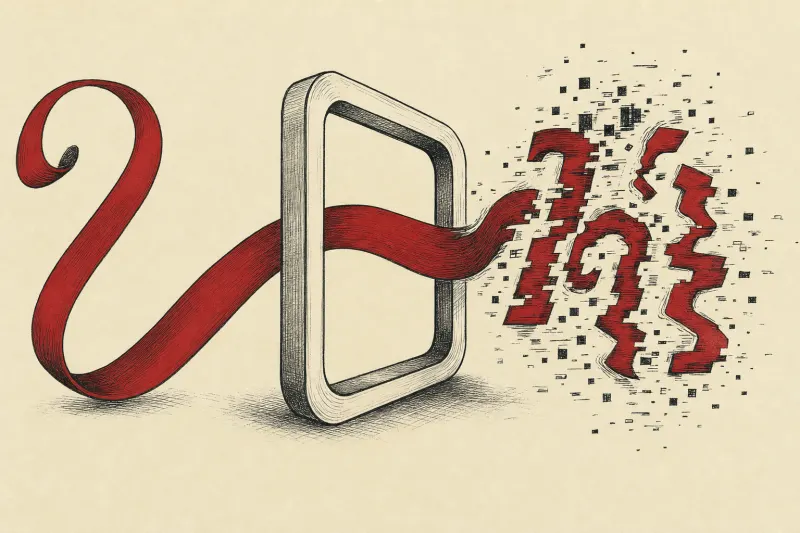 A calligraphic ribbon frays into malformed glyphs, symbolizing Instagram’s wordmark slipping into AI-like visual noise.